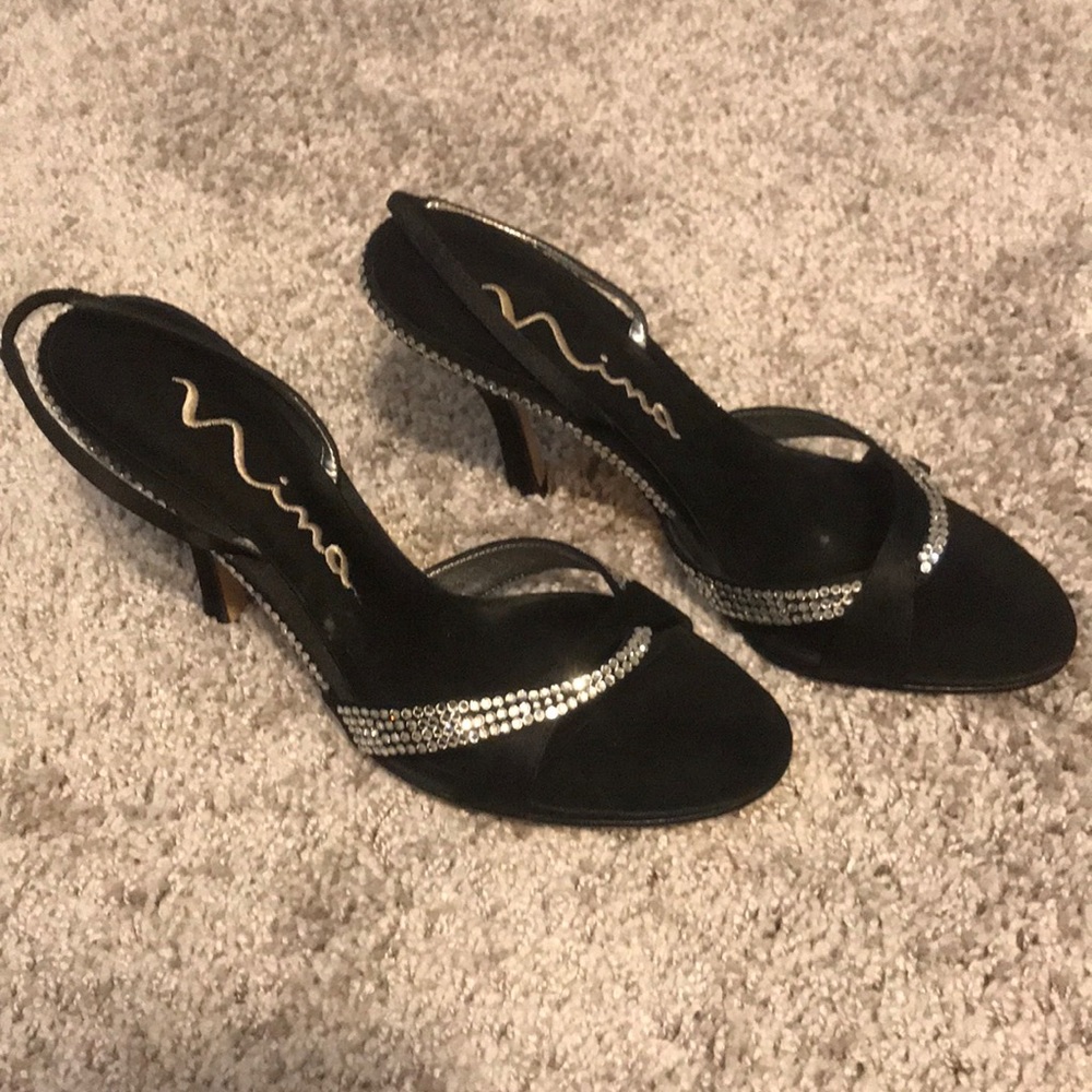 Black rhinestone satin heels